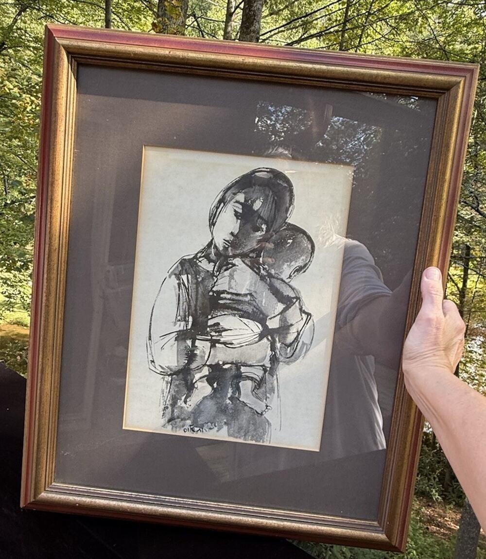Signed RUTH SCHLOSS 1968 Art Print MOTHER AND CHILD Brush Drawing Framed